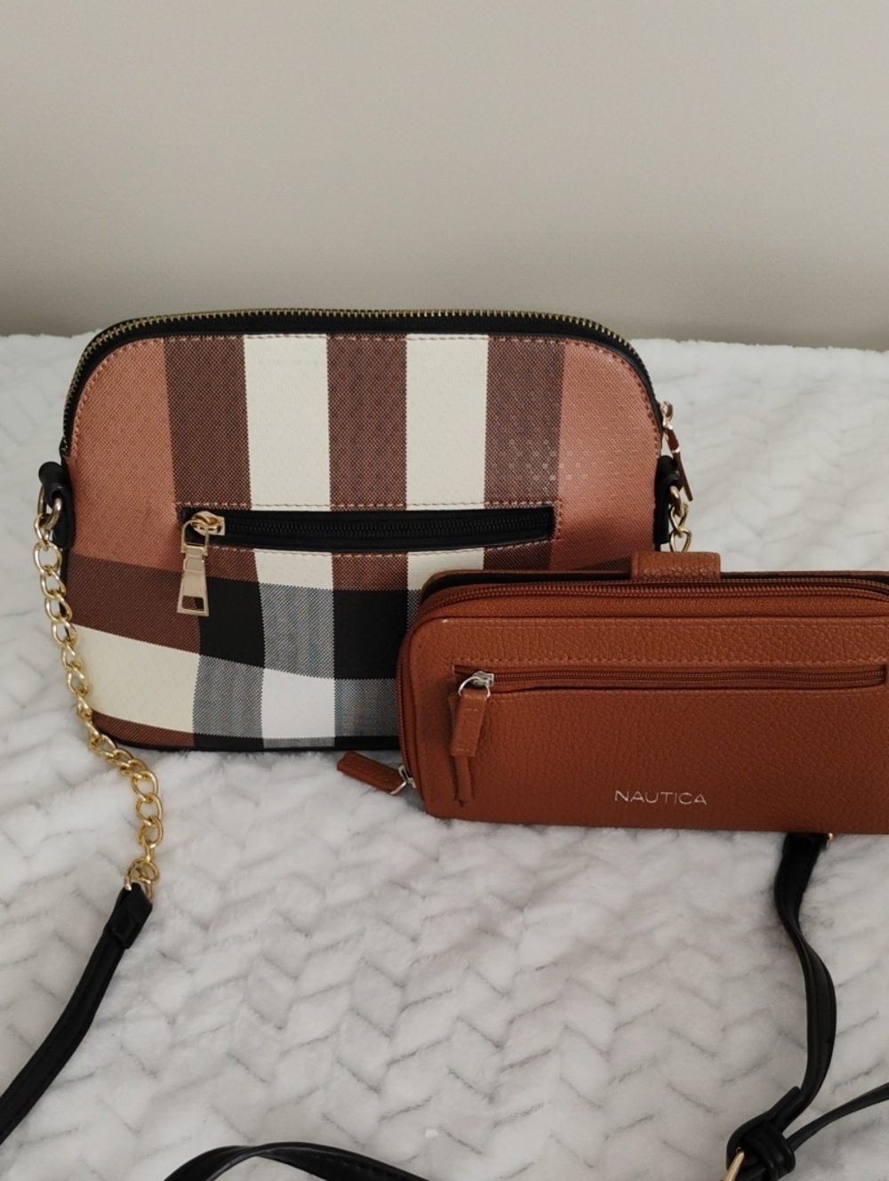 Brown and Cream Plaid Crossbody with Tan Leather Wallet